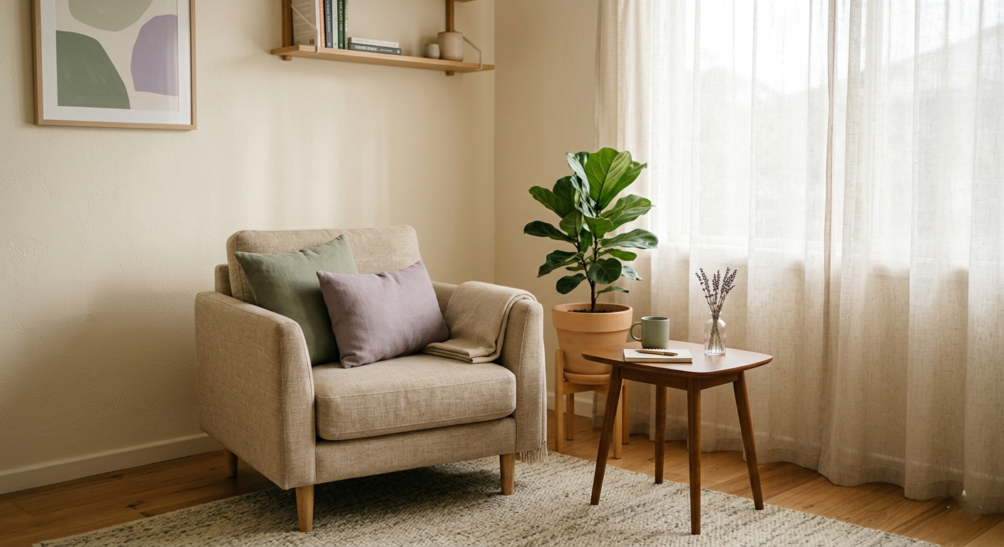 A calm, warmly lit counselling room at Mana Mind and Meaning